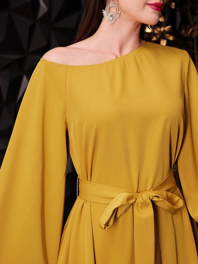 Women's Asymmetrical Shoulder Flare Sleeve Belted Dress,Elegant Evening Party Dress Long Evening Dresses