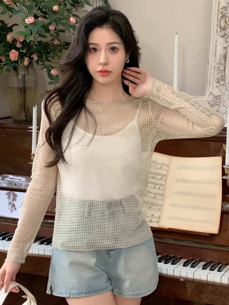 Women's Sheer Mesh Texture See-Through Long Sleeve Blouse,Fall Clothes