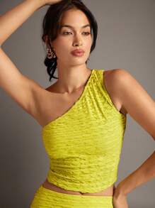SHEIN BAE Green One-Shoulder Textured Slim-Fit Women's Top