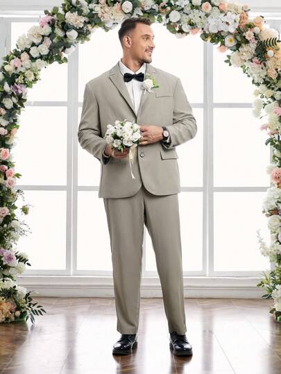 Manfinity VCAY 1 件男士大尺碼尖翻領長袖西裝外套與梭織休閒褲套裝