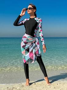 Của phụ nữ Hình học Và In thực vật Vá lại Áo tắm một mảnh - màu đen - Xem 1