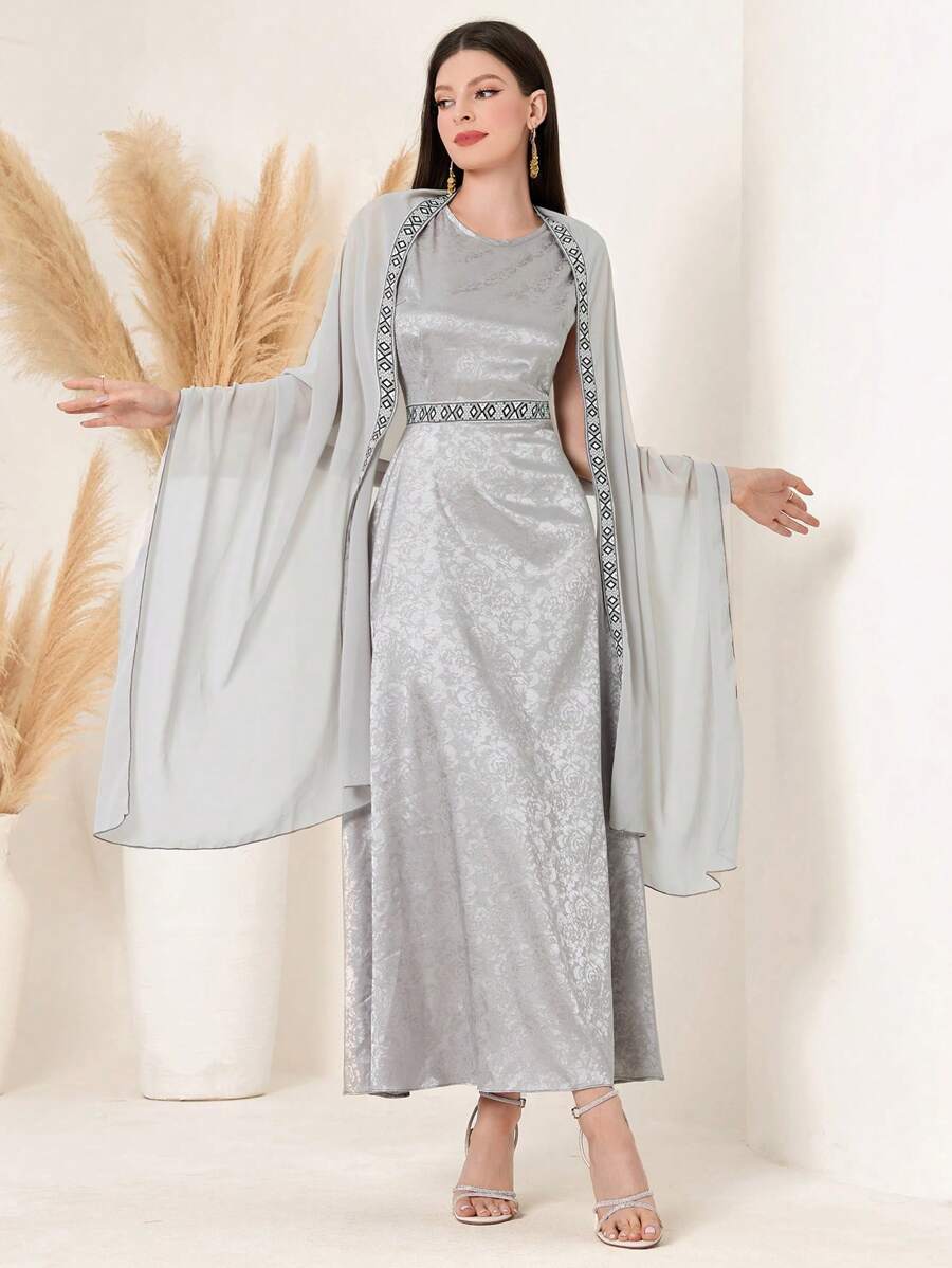 女士无袖圆领连衣裙配纯色披肩两件套 - 淺灰色 - 查看 1