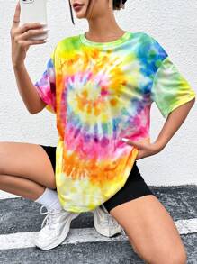 SHEIN EZwear Camiseta De Hombro Caído Tie-dye