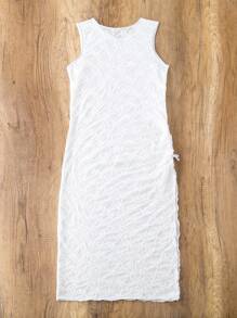 Teen Girls' Sheer Mesh Texture Drawstring Side Vest Cover Up Dress - White - View 2