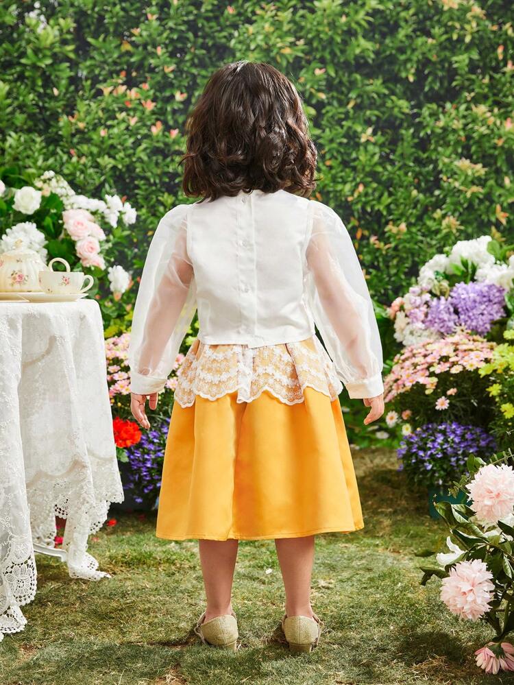 Young Girl Round Neck Lantern Sleeve Mesh Embroidered Blouse With Double Layer Skirt Hem Skirt 2pcs Set