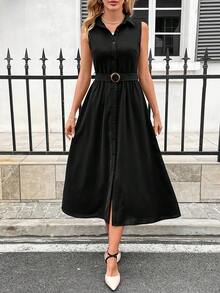 SHEIN Clasi 女士無袖單排釦襯衫裙 - 黑色 - 查看 4