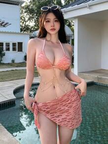DAZY 女士纹理挂脖比基尼套装 夏季沙滩装、吊带泳衣 节日度假装 - 粉色 - 查看 4