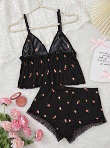 CottageSlumber 花卉印花荷葉邊背心上衣與短褲睡衣套裝 - 黑色 - 查看 2