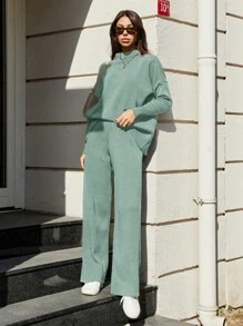 RueChic Solid Color Round-Neck Drop-Shoulder Sweater And Wide-Leg Pants Set - Mint Green - View 5