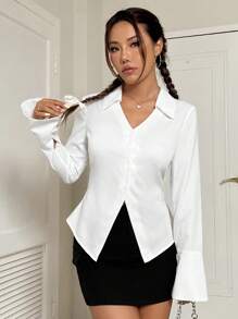 SHEIN Unity Slim Fit White Shirt With V-Neck And Turn-Down Collar,Long Sleeve Tops - White - View 5