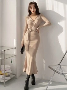 DAZY 女式纯色裹腰中长连衣裙秋季长袖连衣裙 - 杏色 - 查看 4