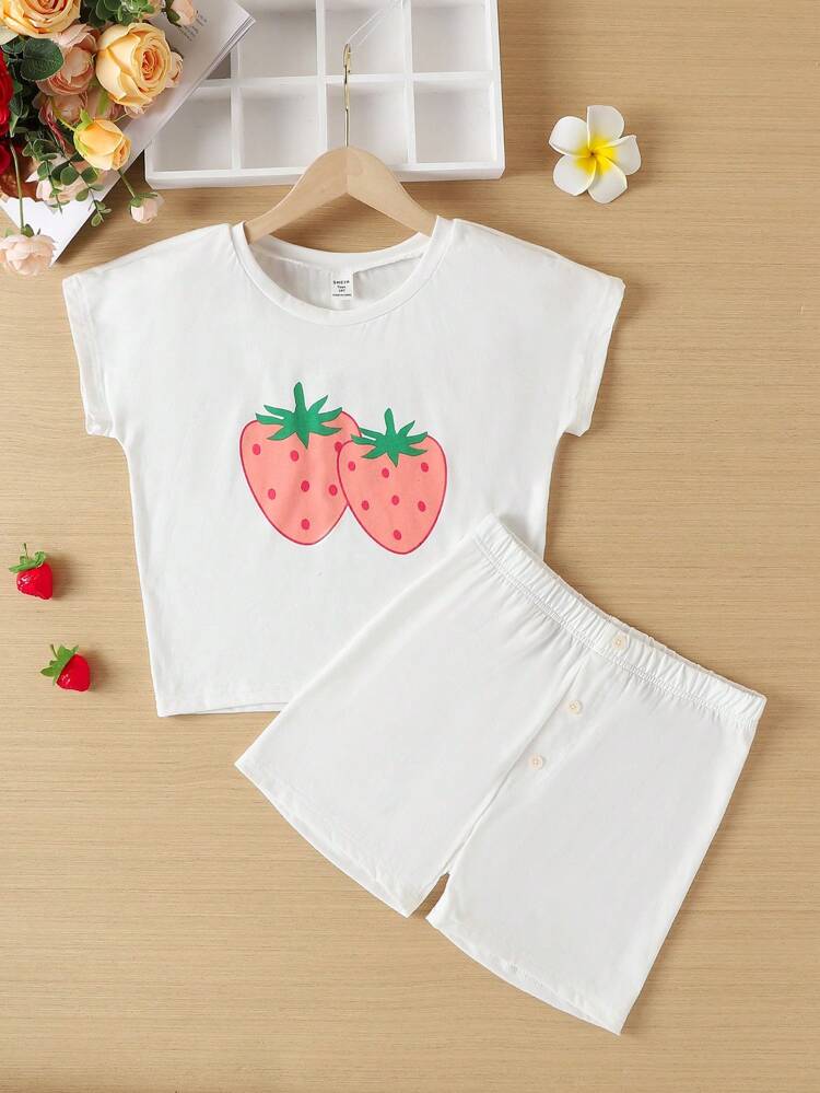 Teen Girls' White Strawberry Print Shorts And Short Sleeve Top Casual 2pcs Pajama Set