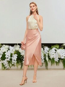 MOTF PREMIUM SILK TWO TONE WRAP RUCHED HALTER NECK DRESS - Multicolor - View 5