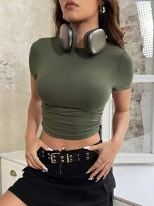 SHEIN EZwear Maglietta Donna A Manica Lunga Verde Aderente In Maglia - Verde militare - Visualizzare 5