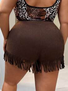 SHEIN SXY 大码女式紧身中腰流苏度假短裤 - 棕色 - 查看 2