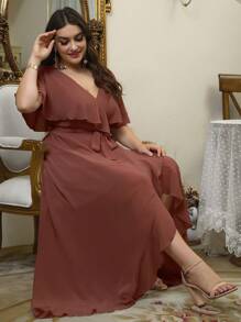 UNITHORSE Plus Size V-Neck Ruffle Trim Chiffon Bridesmaid Dress Elegant Dress - 紅木色 - 查看 3
