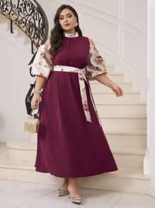 Modelyn Burgundy Red Plus Size Off-The-Shoulder Patchwork Stand Collar Dress Long Evening Dresses - Burgundy - View 3