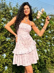 Soleia 女款花卉印花掛脖繫帶腰圍連身裙 - 粉色 - 查看 4