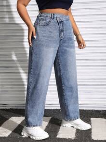 SHEIN EZwear 大尺碼牛仔緊身褲,具有口袋和踏步式腰身設計 - 中等水洗藍 - 查看 3