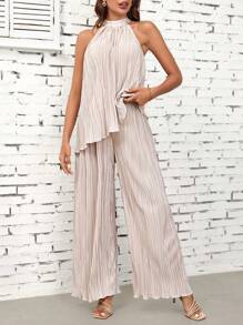 SHEIN Ellevyn Women's Asymmetrical Hem Halter Top And Wide Leg Pants Set