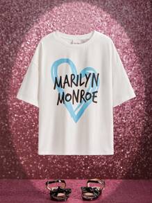 Marilyn Monroe X SHEIN Camiseta De Hombro Caído Para Niña En Edad Tween Con Diseño Gráfico De Letras Y Corazones