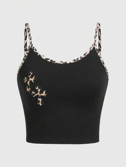 Goth Parte superior de tirantes cruzados con estampado de leopardo para mujer, escuela