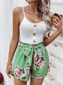 SHEIN LUNE 女士肋紋純色背心上衣和花卉印花短褲2件套裝 - 綠色 - 查看 1