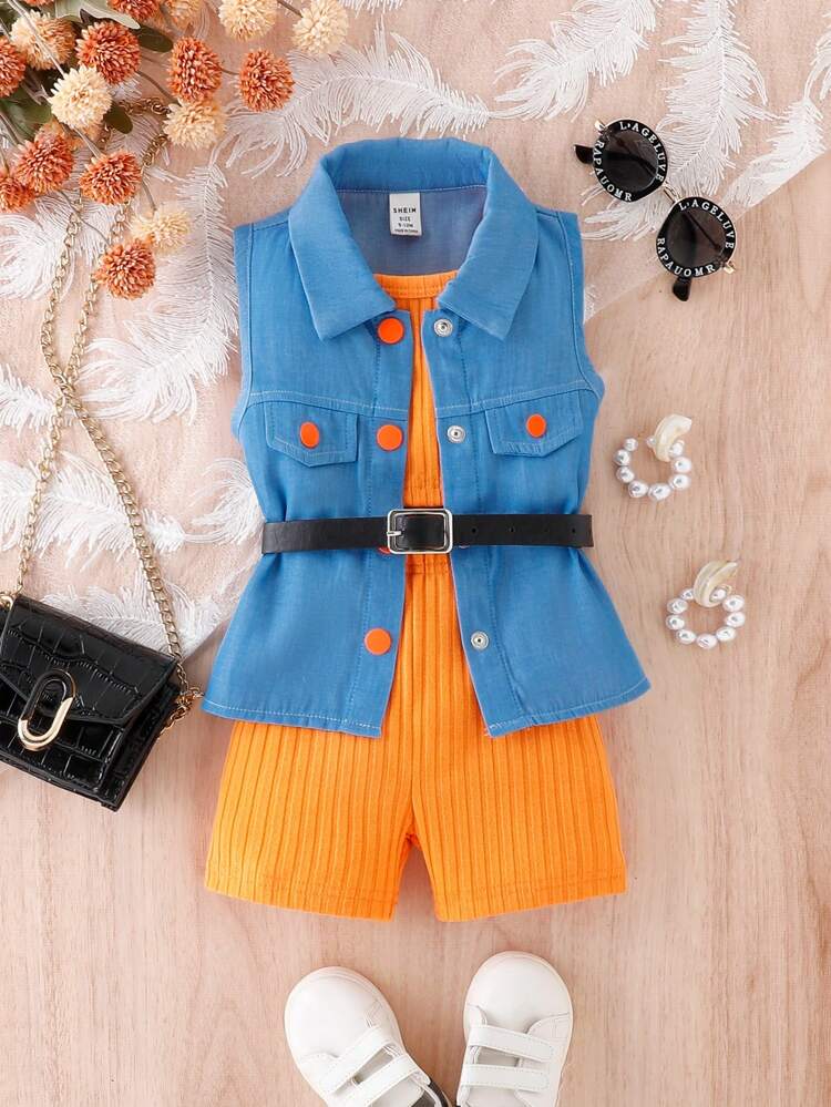 Baby Girl Sleeveless Blouse With Single Row Buckle Closure, Camisole Top And Shorts Set
