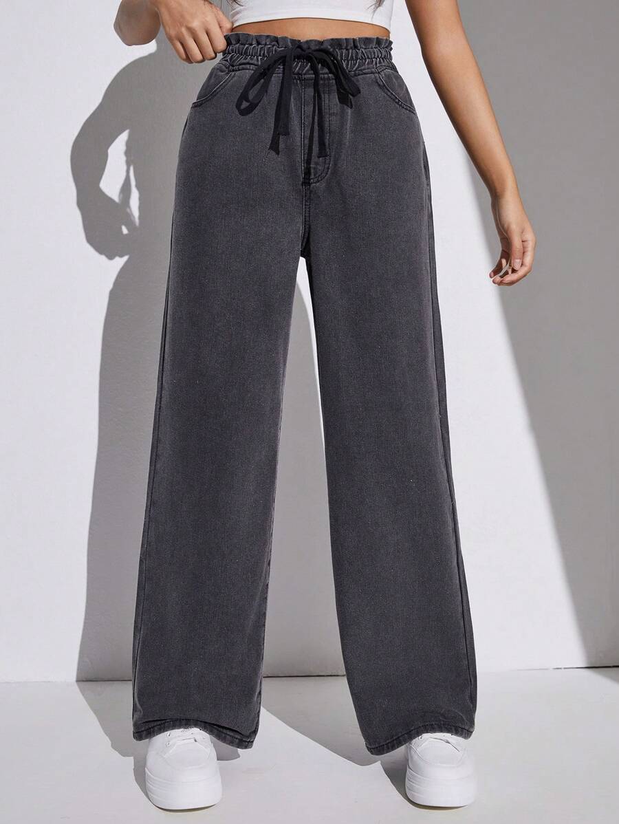 Cô Gái Tuổi Teen Dây Rút Cao Cấp Nghiêng Túi Dáng Rộng Mùa Hè Quần Jean Ống Rộng Quần Denim Màu Xám Giặt Quần Jean Baggy - màu đen - Xem 1