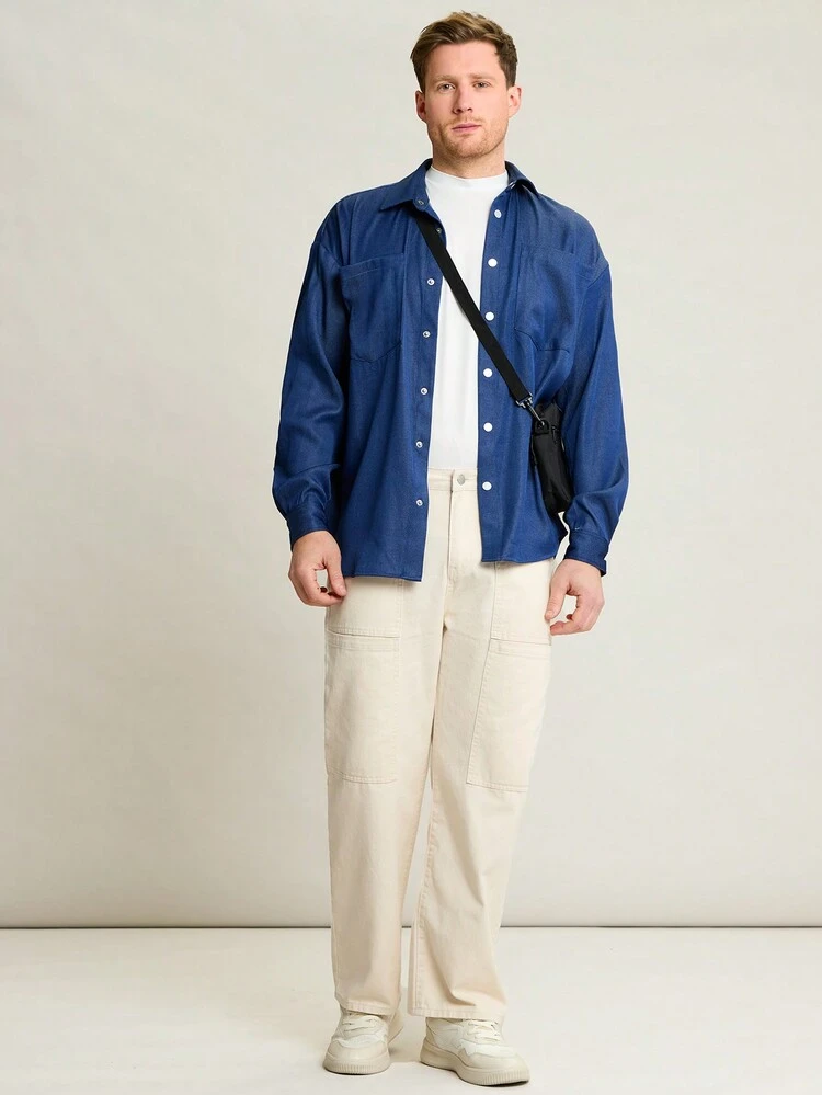 Men's Long Sleeve Woven Casual Shacket With Front Pocket