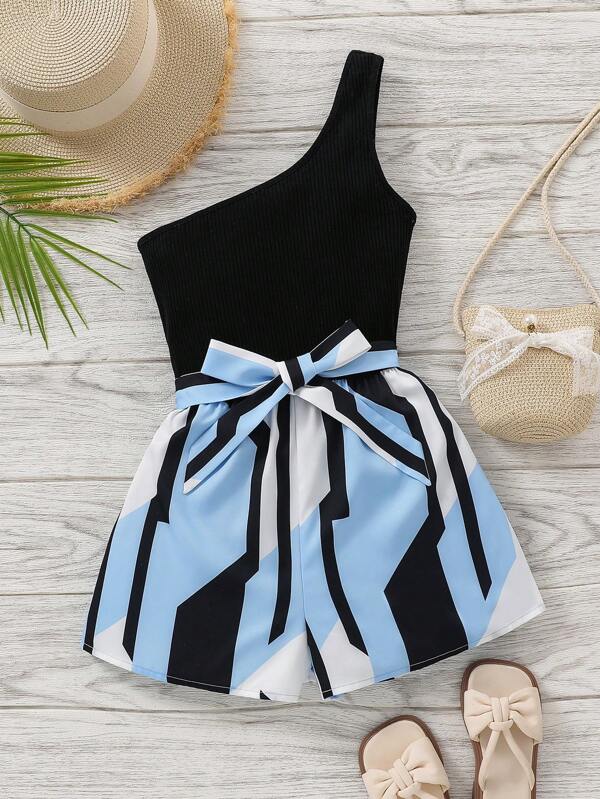 SHEIN Tween Girl Fashionable Knit Color Block One Shoulder Jumpsuit With Sports Style