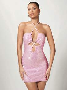 SHEIN BAE Women's Pink Hollow Out Beaded Bodycon Mini Vacation Dress With Drawstring - Pink - View 1