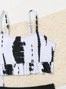 Young Girl Spaghetti Straps Sleeveless 3-Piece Swimwear Set With Random Prints - Black - View 5