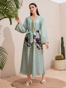 Al Najma Patchwork Dress With Geometric Printed Ribbons Kaftan Jalabiya Dress - Mint Green - View 4