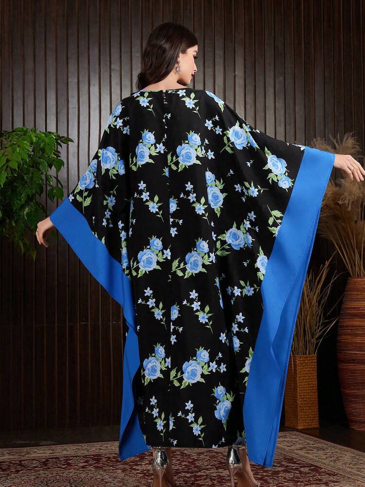Women's Floral Print Patchwork Batwing Sleeve Dress Kaftan Jalabiya Dress