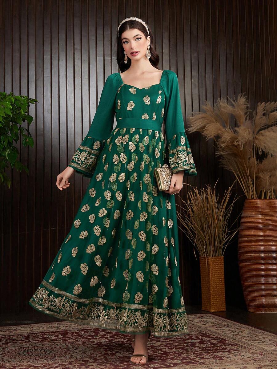 Al Najma Positioning Embroidery Sweetheart Neck Dress - Dark Green - View 1