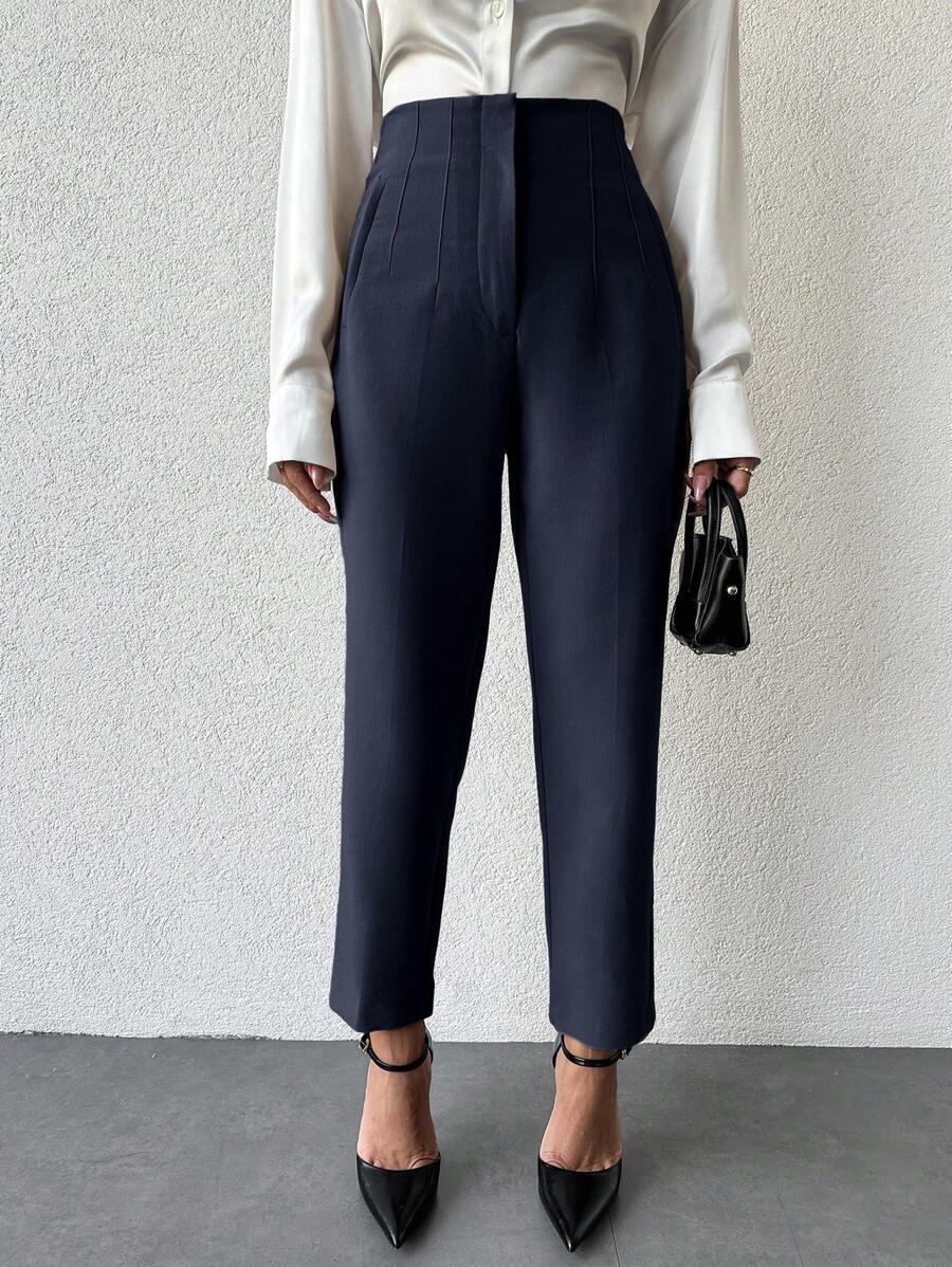 RueChic Ladies' Pure Color Tapered Suit Pants - Navy Blue - View 1