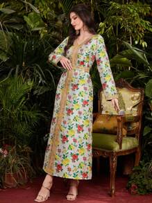 Al Najma Robe arabe à col V avec imprimé floral pour femmes - Multicolore - Voir 7