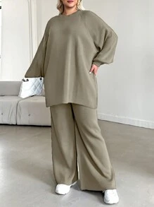 SHEIN Cottnline Plus Size Women's Lantern Sleeve Raglan Sleeve Sweater Set - Mocha Brown - View 4