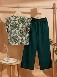 SHEIN Leap Crew Tween Girls' Loose Fit Casual Round Neck Short Cap Sleeve Top And Wide Leg Pants Set With Waist Belt - Green - View 3