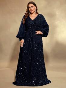 UNITHORSE Plus Size Lantern Sleeve Sequined Formal Dress Wedding Party - Navy Blue - View 5