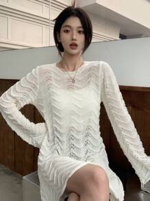 DAZY Vestido de suéter tejido corto de manga larga de unicolor y transparente con calado para mujeres