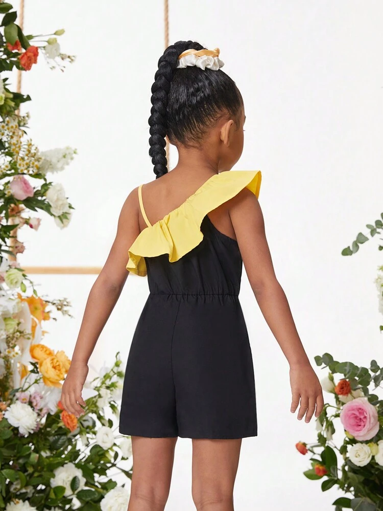 Young Girl Dreamy Princess Style Woven Color Block Asymmetric Shoulder Ruffle Edge Romper