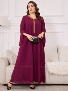 Al Najma Bordeauxrode plus size dames Arabische jurk met pailletten en geweven band