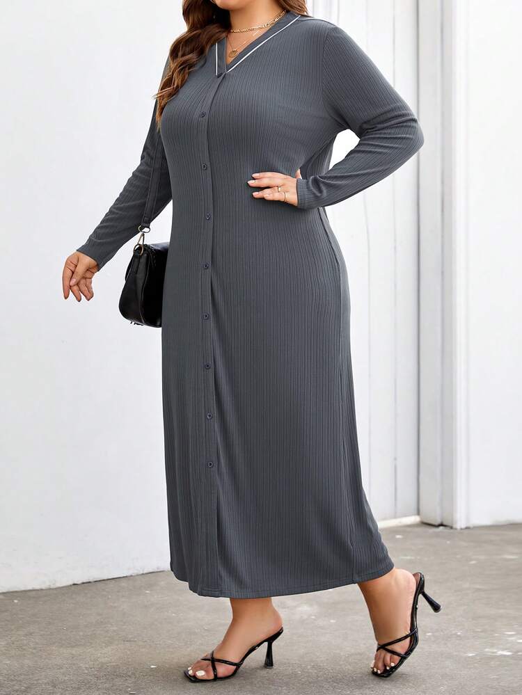 Plus Size Contrast Color V-Neck Button Up Dress With Slimming Effect