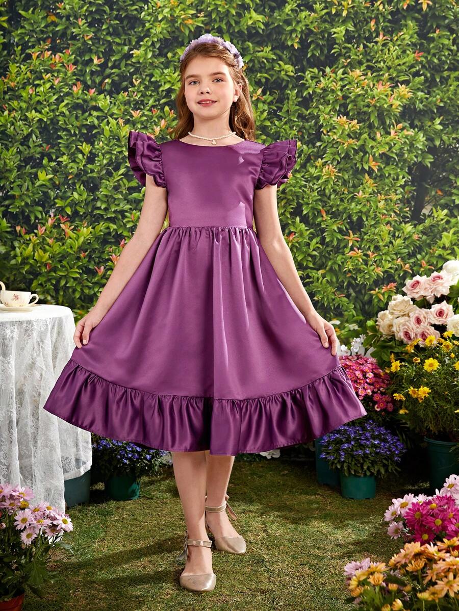SHEIN Tween Girl Woven Monochromatic Casual Dress With Ruffle Hem ...