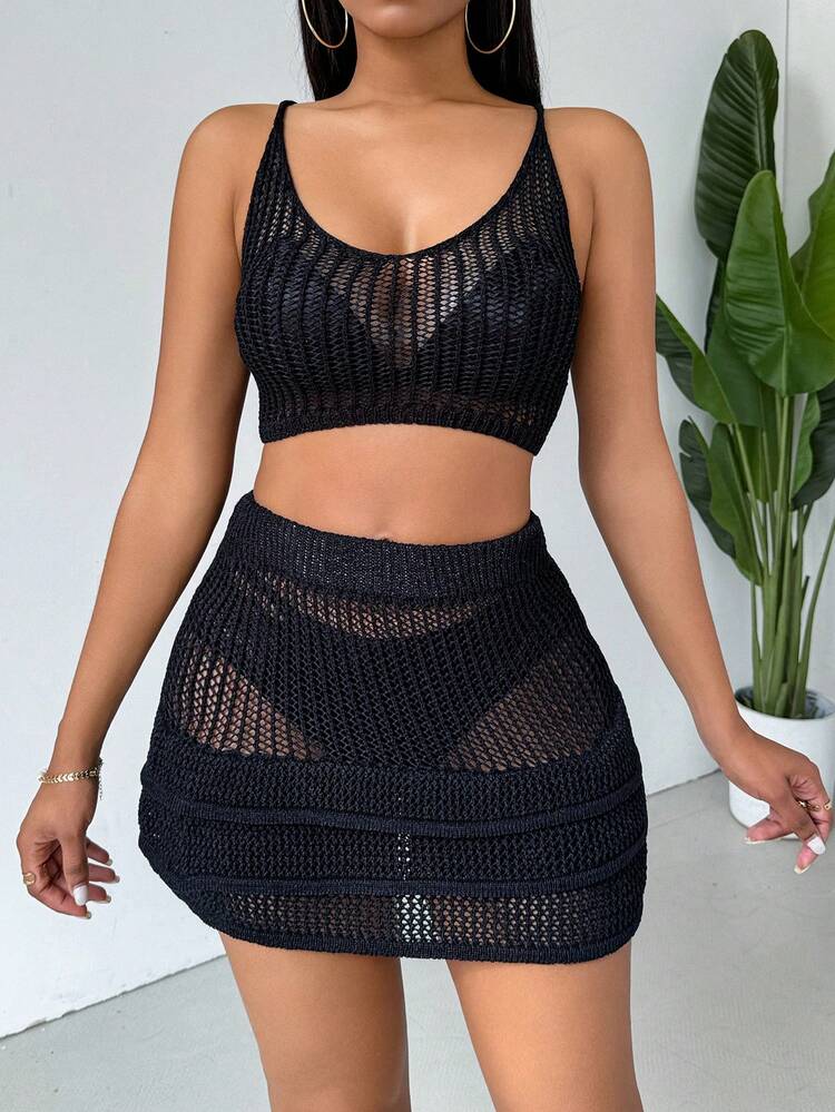 Hollow Out Knitted Cami Top & Skirt Sweater Set