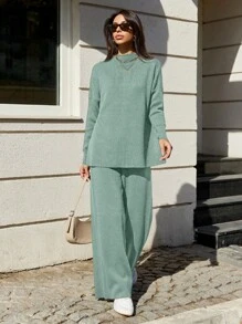 RueChic Solid Color Round-Neck Drop-Shoulder Sweater And Wide-Leg Pants Set - Mint Green - View 3