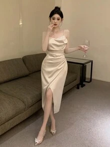 DAZY Women's Pleated Split Hem Cami Dress Prom Dress Sundress,Formal Women Dresses - Champagne - View 5