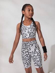 SHEIN Cô gái Tween Dệt kim In hoa Báo Áo ba lỗ & Bộ quần short , - Nhiều màu - Xem 3